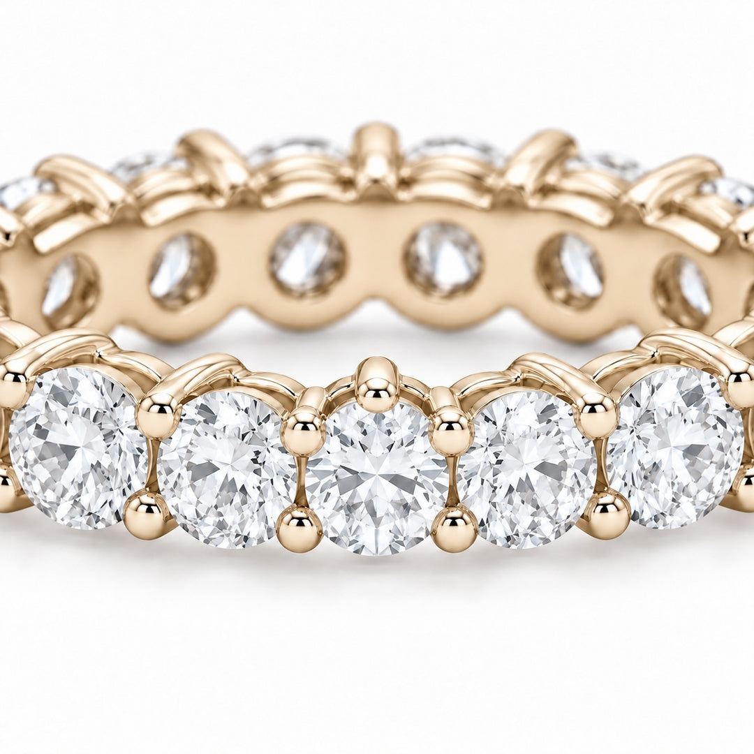 Classic round lab-grown diamond eternity band, 3.0mm, 14K yellow gold, close-up of the stones