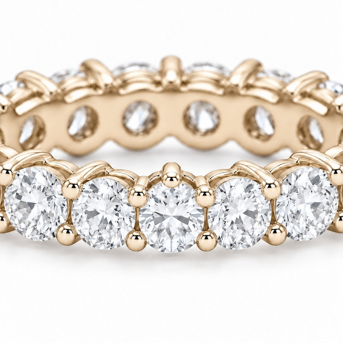 Classic round lab-grown diamond eternity band, 3.0mm, 14K yellow gold, close-up of the stones