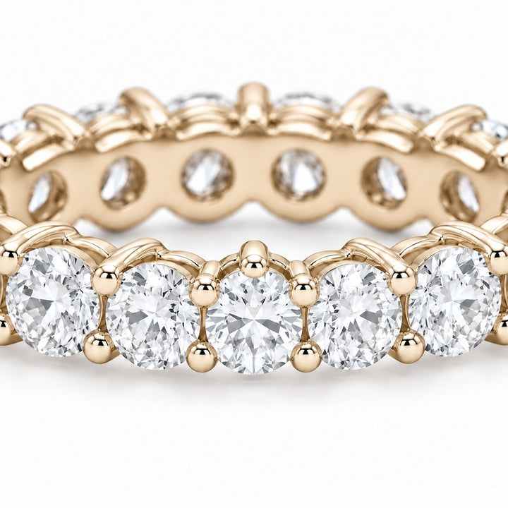 Classic round lab-grown diamond eternity band, 3.0mm, 14K yellow gold, close-up of the stones
