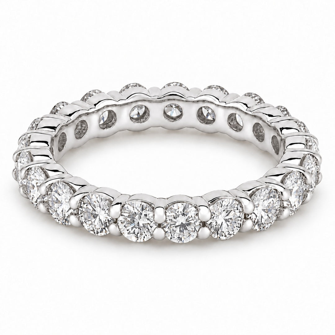 Classic round lab-grown diamond eternity band, 3.0mm, 14K white gold, angled view