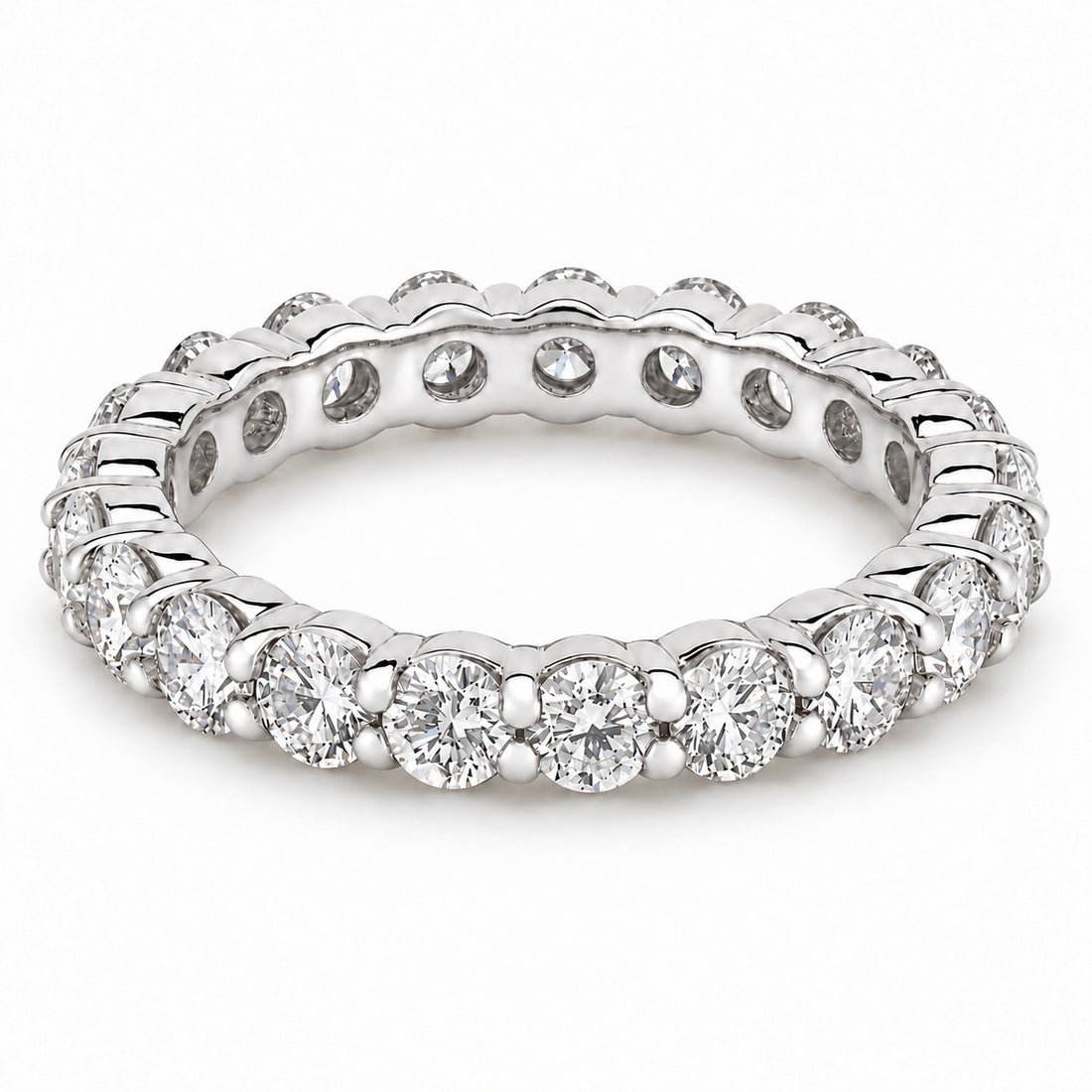 Classic round lab-grown diamond eternity band, 3.0mm, 14K white gold, angled view