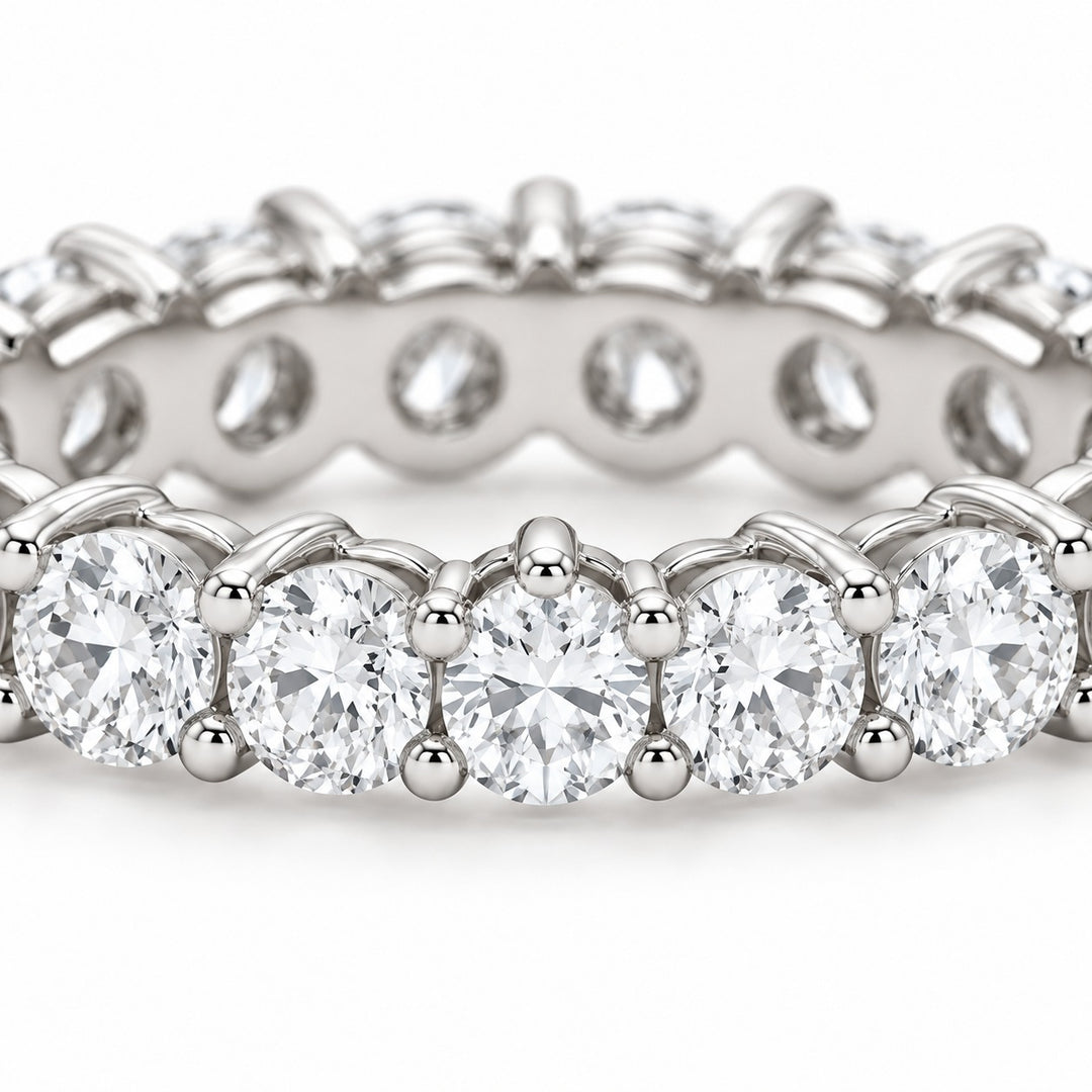Classic round lab-grown diamond eternity band, 3.0mm, 14K white gold, close-up of the stones