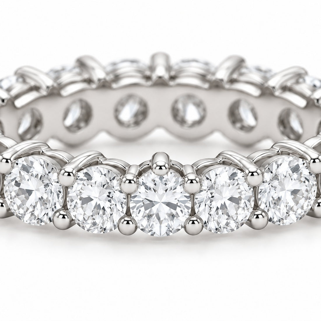Classic round lab-grown diamond eternity band, 3.0mm, 14K white gold, close-up of the stones