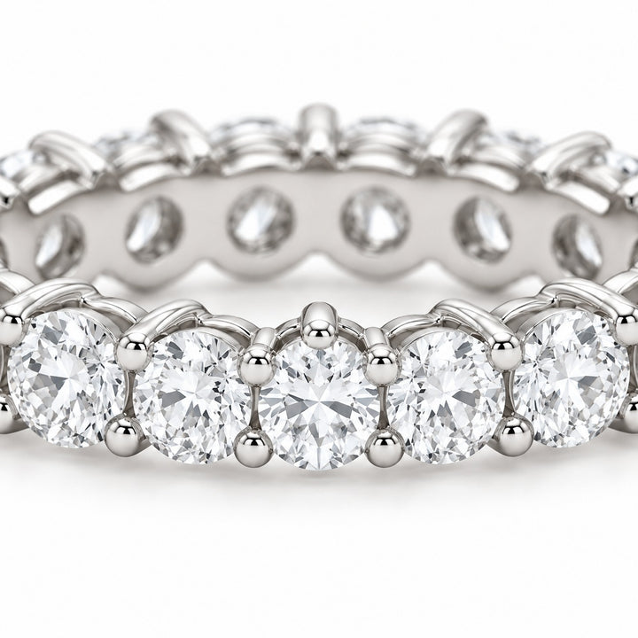 Classic round lab-grown diamond eternity band, 3.0mm, 14K white gold, close-up of the stones