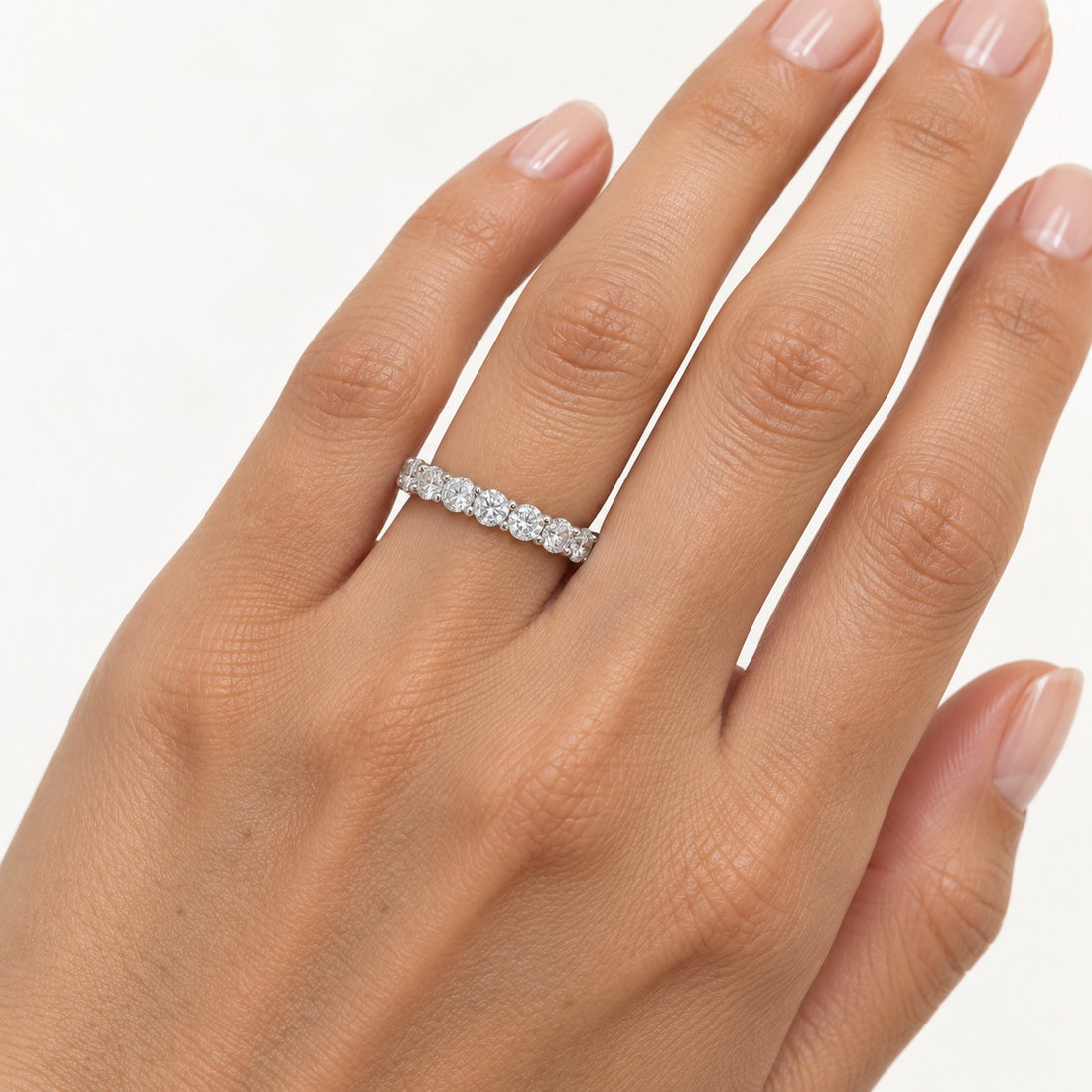 Classic round lab-grown diamond eternity band, 3.0mm, 14K white gold, on the hand