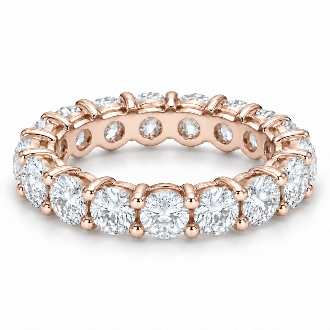 Classic round lab-grown diamond eternity band, 3.5mm, 14K rose gold, angled view