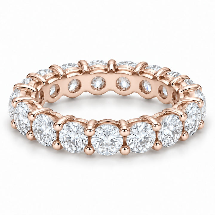 Classic round lab-grown diamond eternity band, 3.5mm, 14K rose gold, angled view