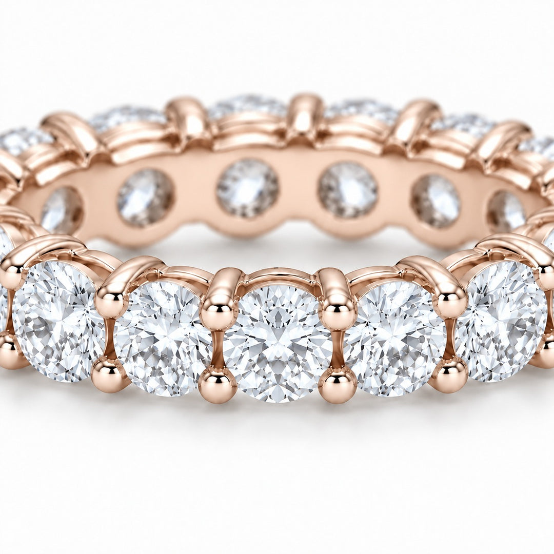 Classic round lab-grown diamond eternity band, 3.5mm, 14K rose gold, close-up of the stones