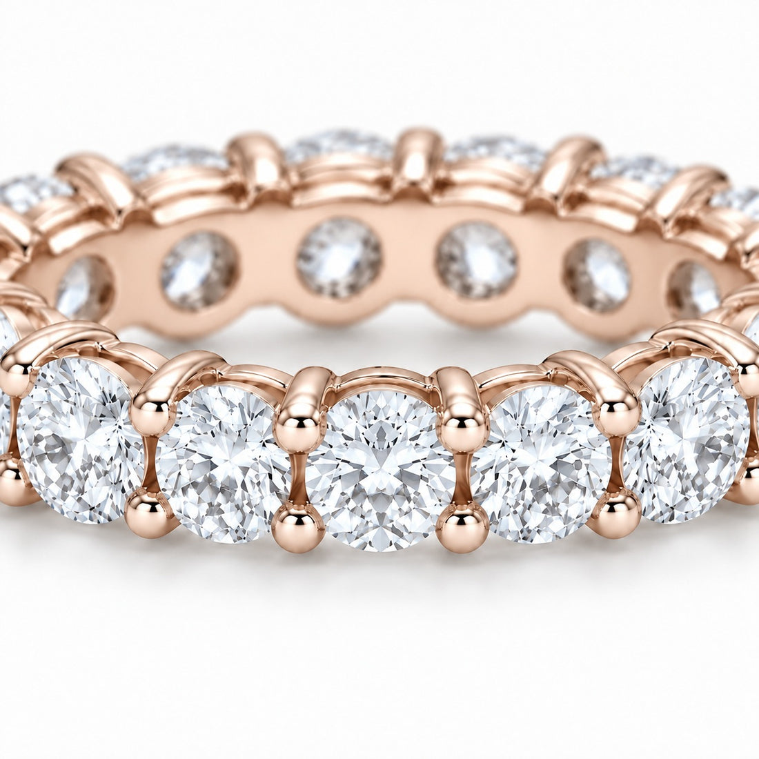 Classic round lab-grown diamond eternity band, 3.5mm, 14K rose gold, close-up of the stones
