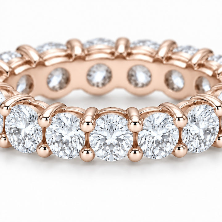 Classic round lab-grown diamond eternity band, 3.5mm, 14K rose gold, close-up of the stones