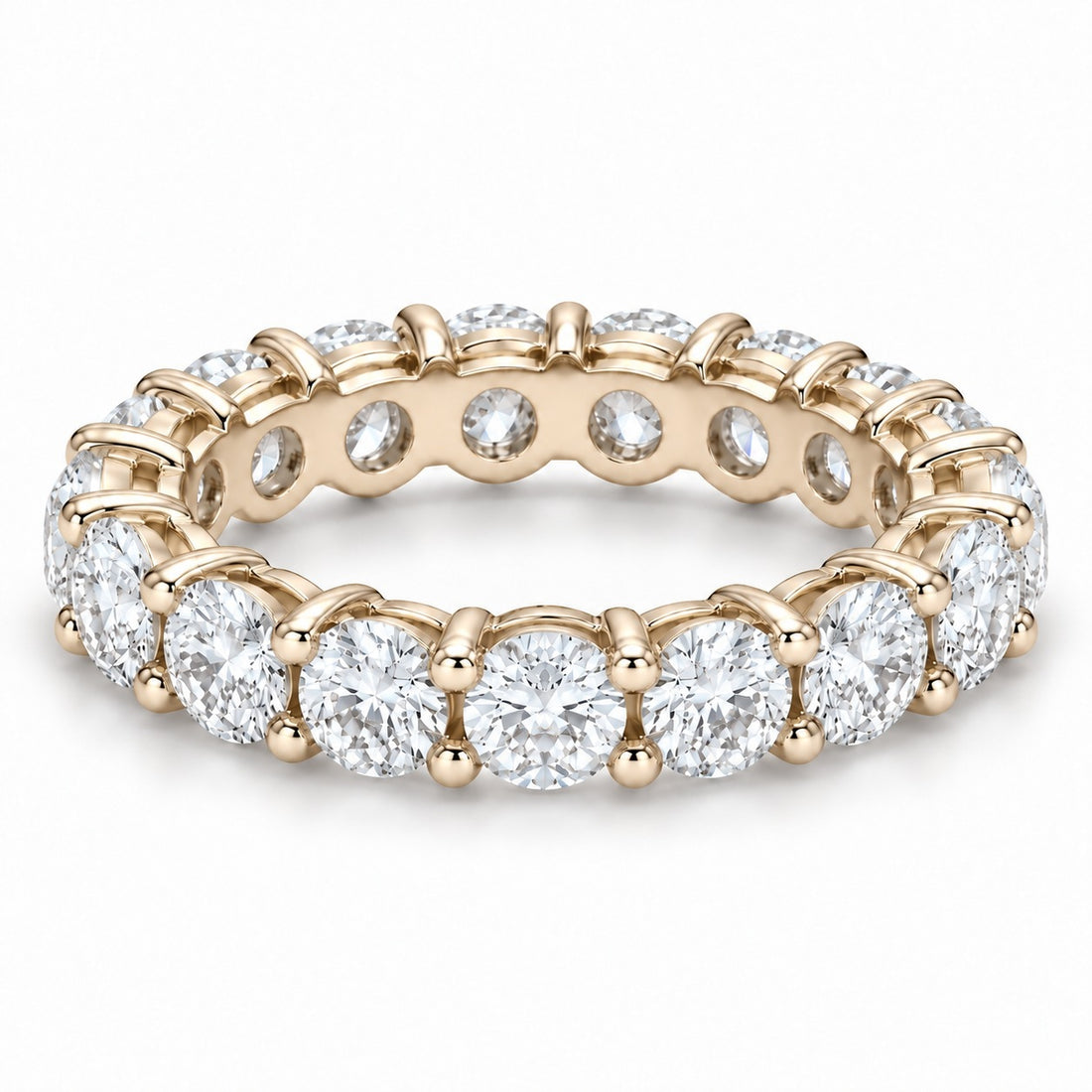 Classic round lab-grown diamond eternity band, 3.5mm, 14K yellow gold, angled view