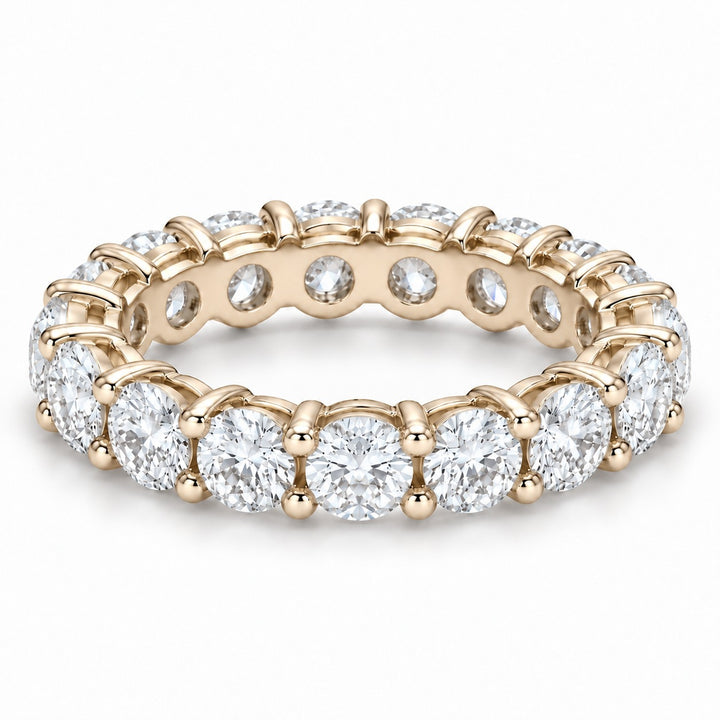 Classic round lab-grown diamond eternity band, 3.5mm, 14K yellow gold, angled view