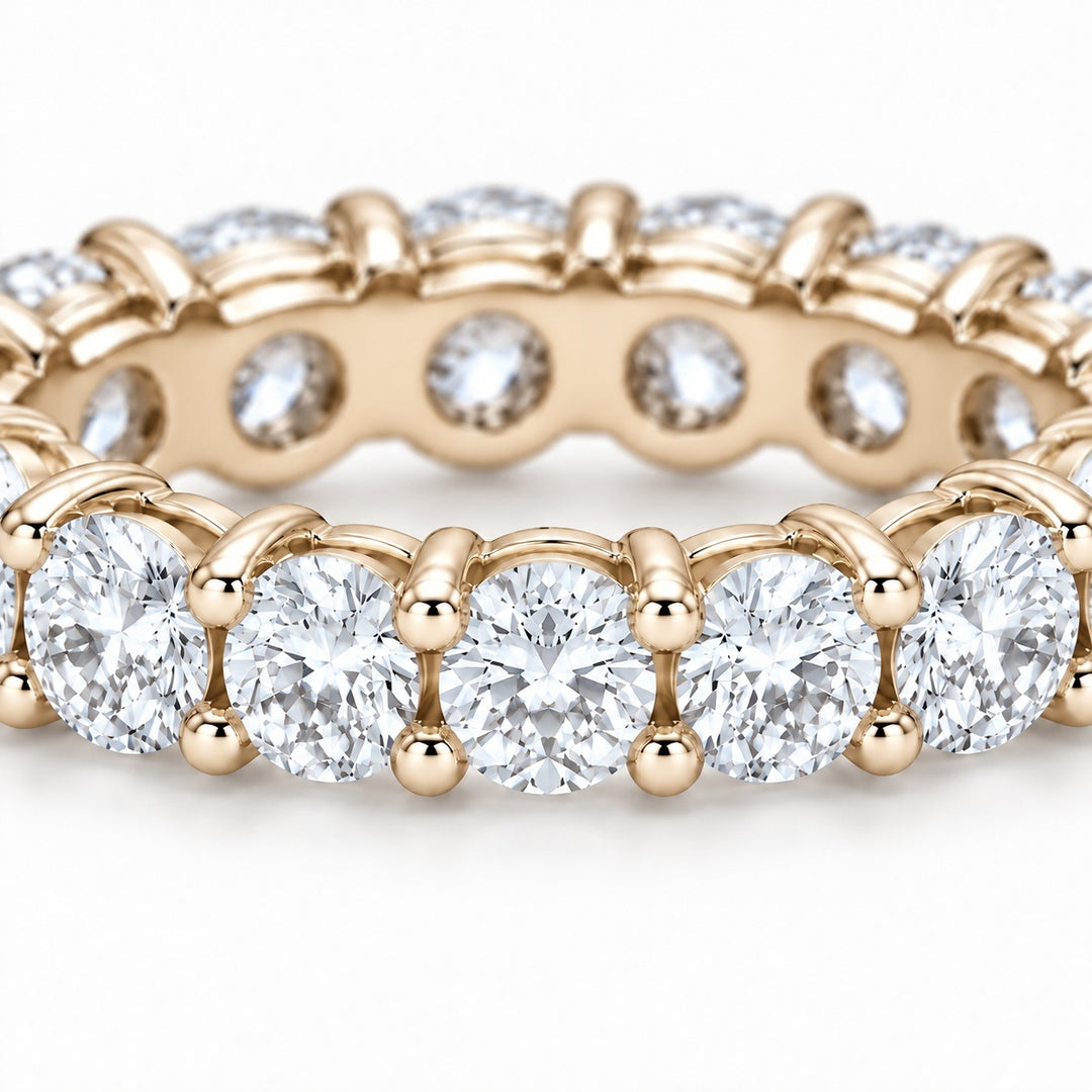 Classic round lab-grown diamond eternity band, 3.5mm, 14K yellow gold, close-up of the stones
