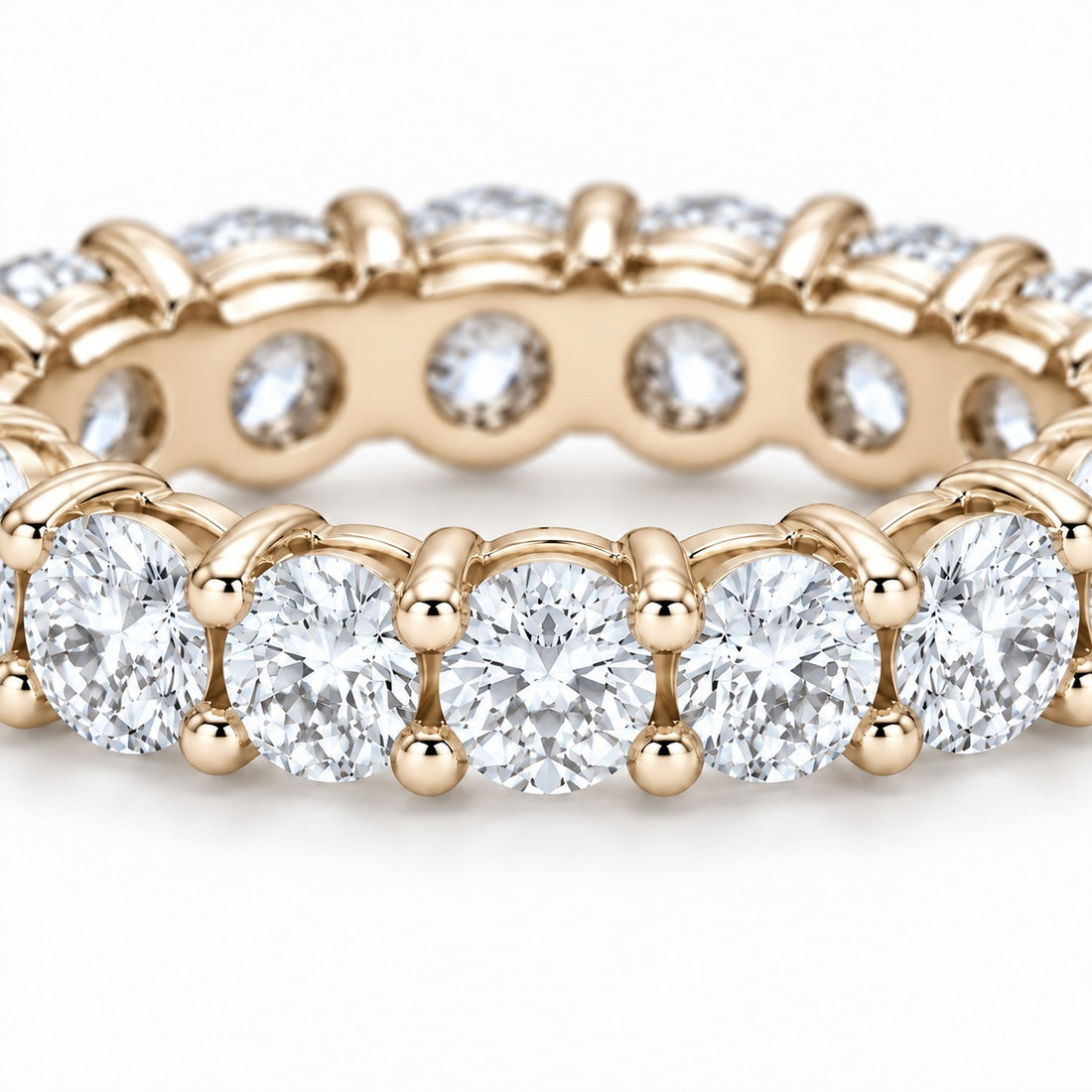 Classic round lab-grown diamond eternity band, 3.5mm, 14K yellow gold, close-up of the stones