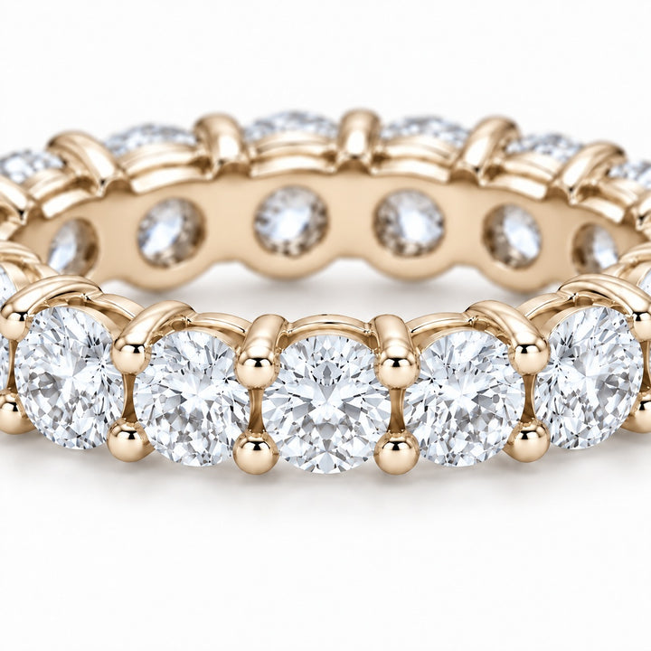 Classic round lab-grown diamond eternity band, 3.5mm, 14K yellow gold, close-up of the stones