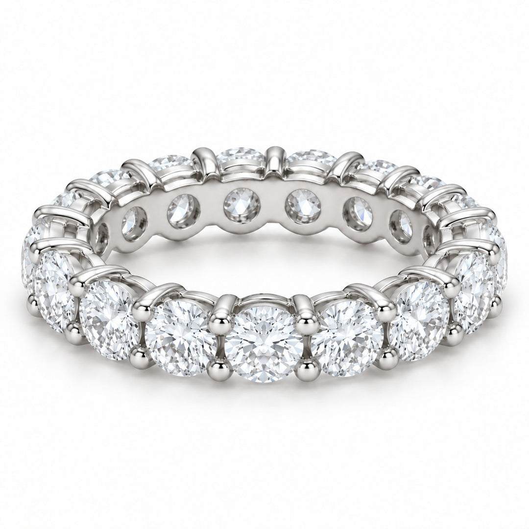 Classic round lab-grown diamond eternity band, 3.5mm, 14K white gold, angled view