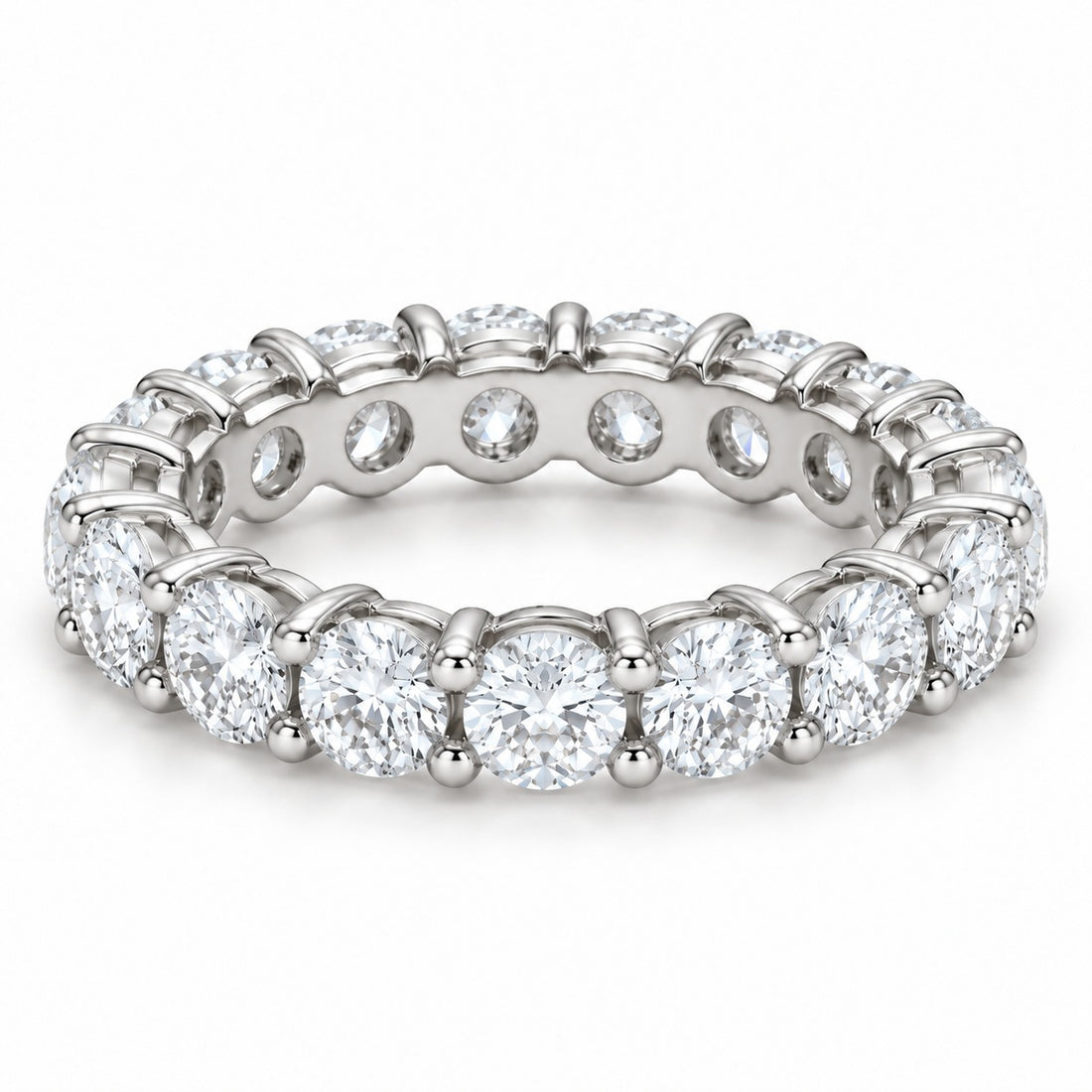 Classic round lab-grown diamond eternity band, 3.5mm, 14K white gold, angled view