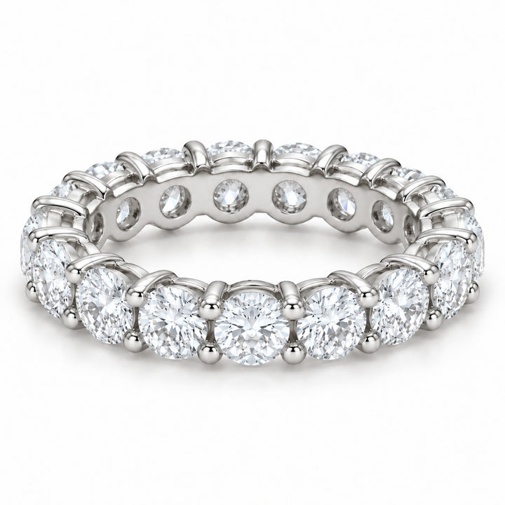 Classic round lab-grown diamond eternity band, 3.5mm, 14K white gold, angled view