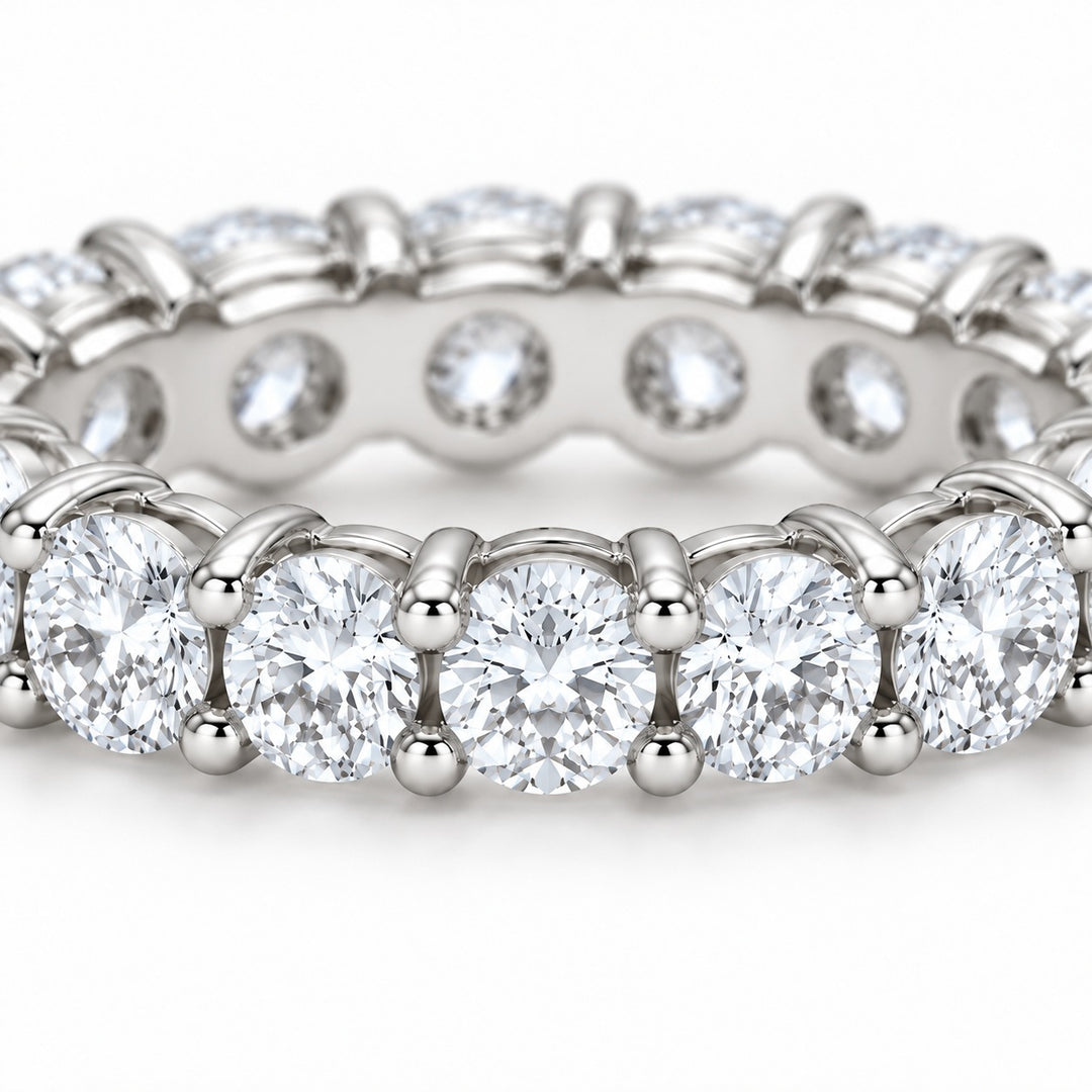 Classic round lab-grown diamond eternity band, 3.5mm, 14K white gold, close-up of the stones