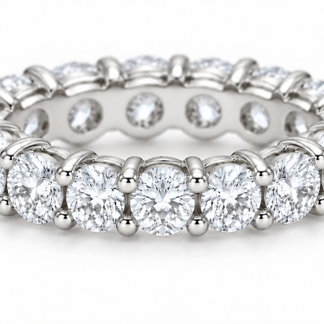 Classic round lab-grown diamond eternity band, 3.5mm, 14K white gold, close-up of the stones