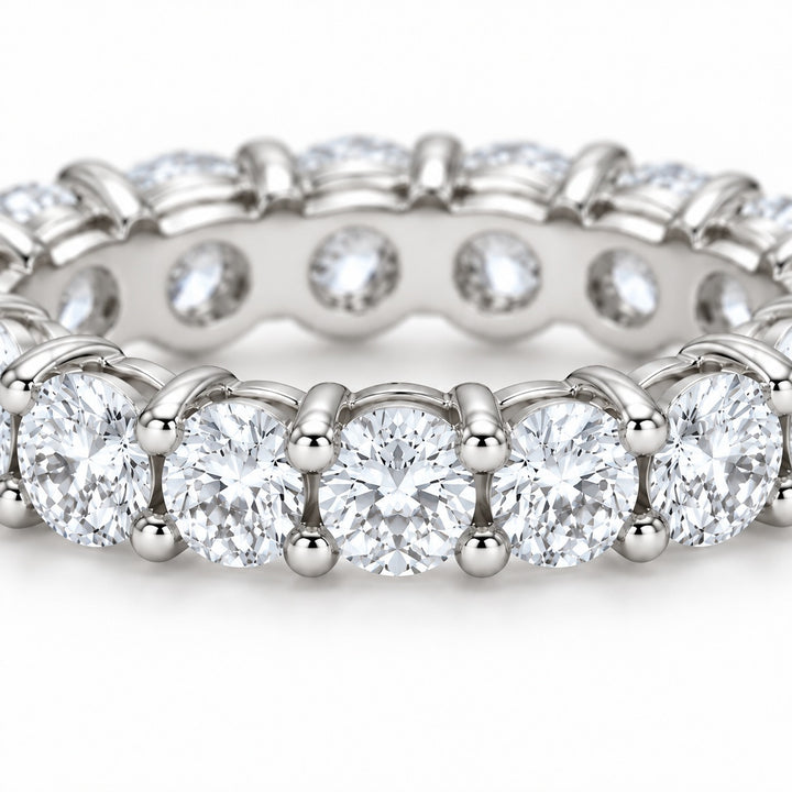 Classic round lab-grown diamond eternity band, 3.5mm, 14K white gold, close-up of the stones