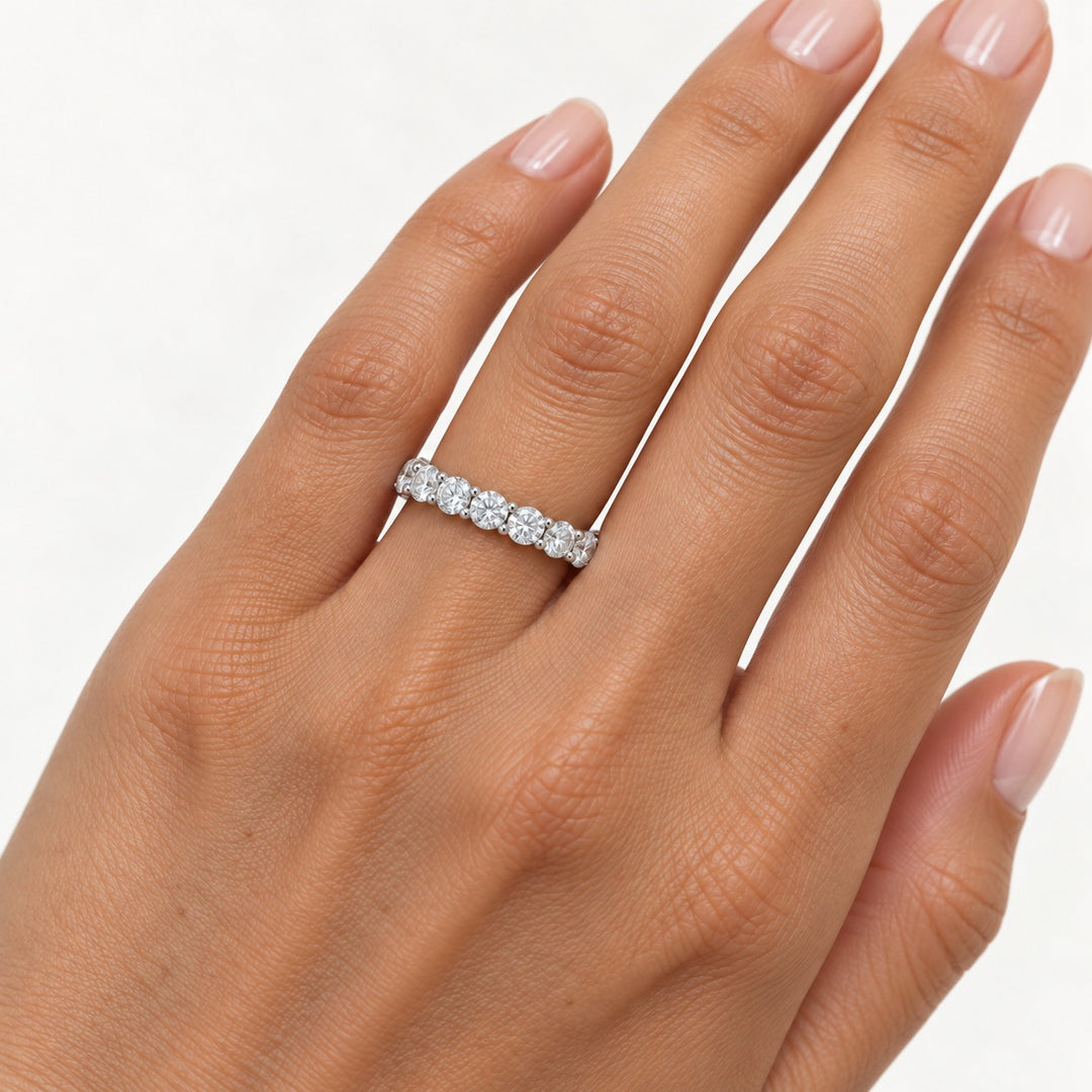 Classic round lab-grown diamond eternity band, 3.5mm, 14K white gold, on the hand