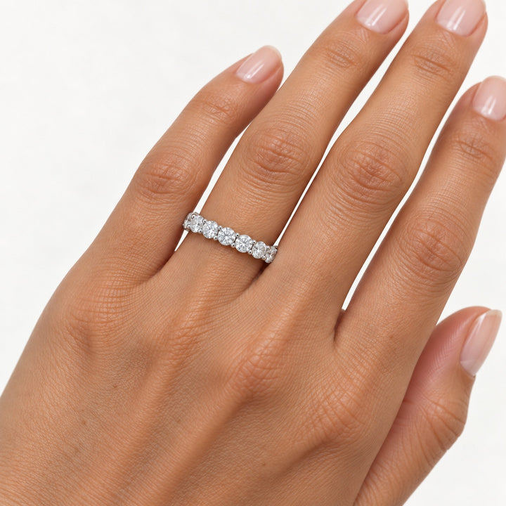 Classic round lab-grown diamond eternity band, 3.5mm, 14K white gold, on the hand