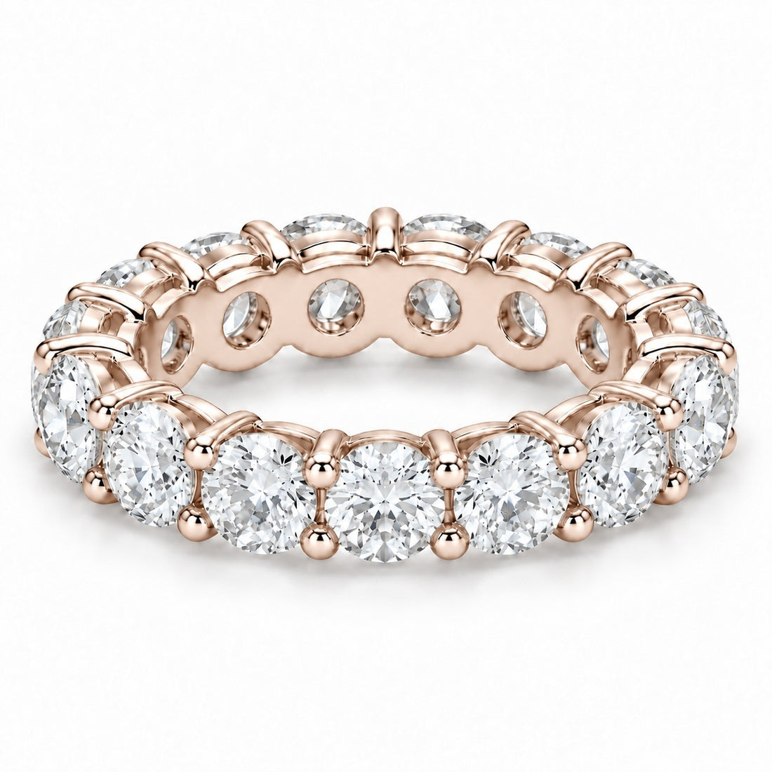 Classic round lab-grown diamond eternity band, 4.5mm, 14K rose gold, angled view