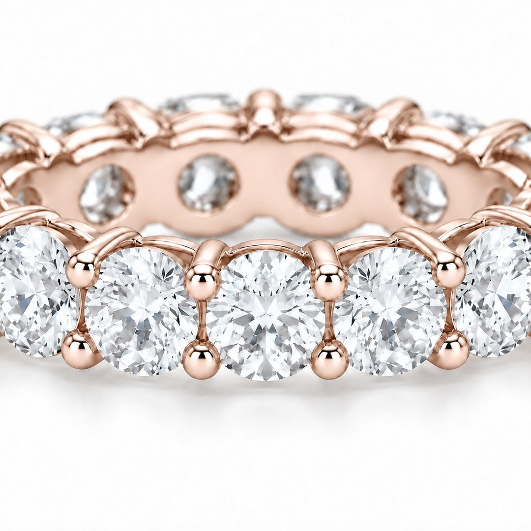 Classic round lab-grown diamond eternity band, 4.5mm, 14K rose gold, close-up of the stones