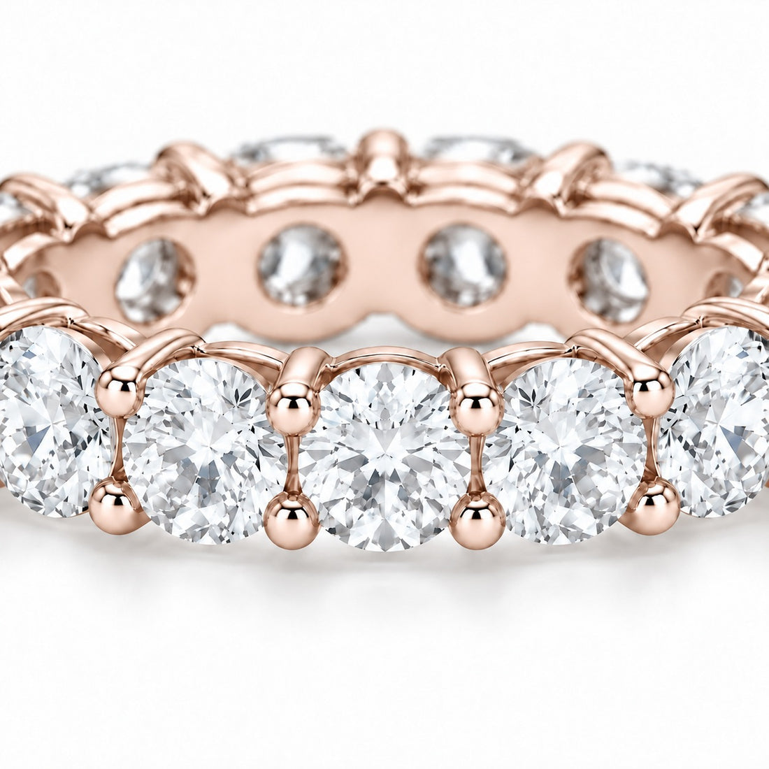 Classic round lab-grown diamond eternity band, 4.5mm, 14K rose gold, close-up of the stones