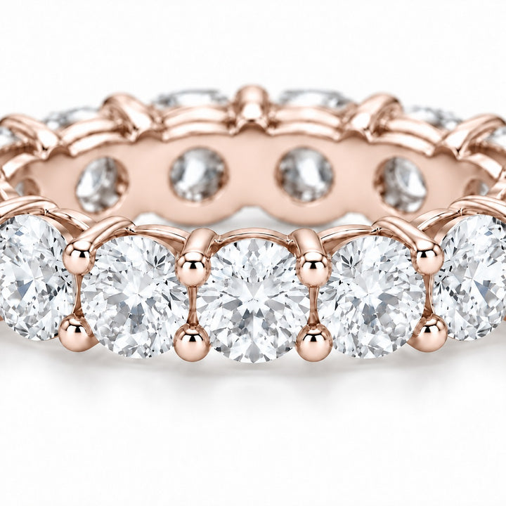 Classic round lab-grown diamond eternity band, 4.5mm, 14K rose gold, close-up of the stones