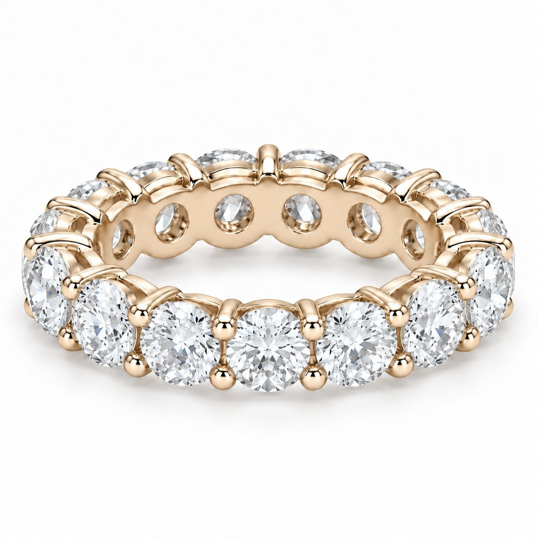 Classic round lab-grown diamond eternity band, 4.5mm, 14K yellow gold, angled view