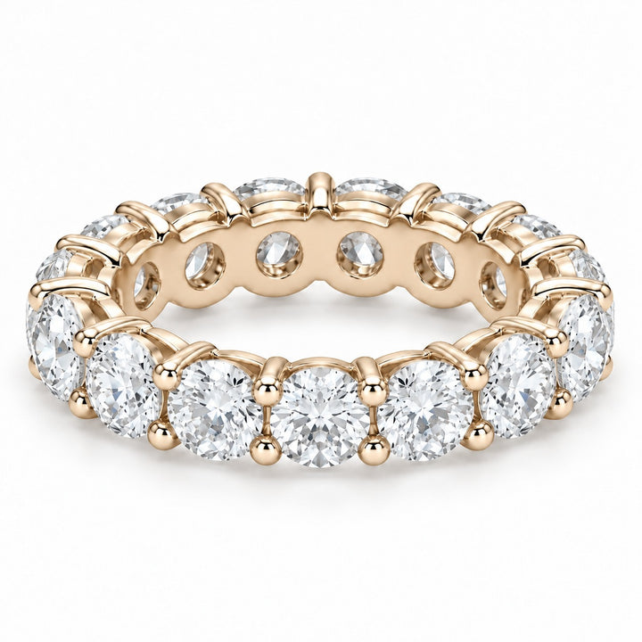 Classic round lab-grown diamond eternity band, 4.5mm, 14K yellow gold, angled view