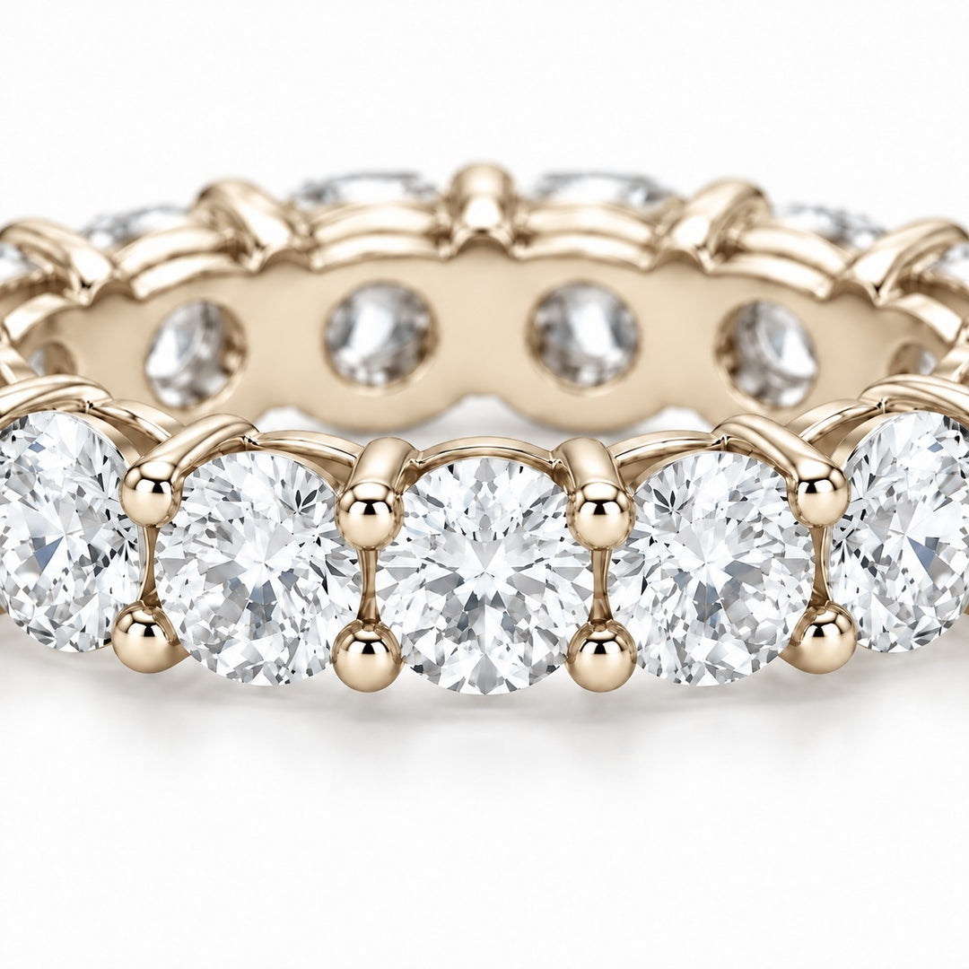 Classic round lab-grown diamond eternity band, 4.5mm, 14K yellow gold, close-up of the stones