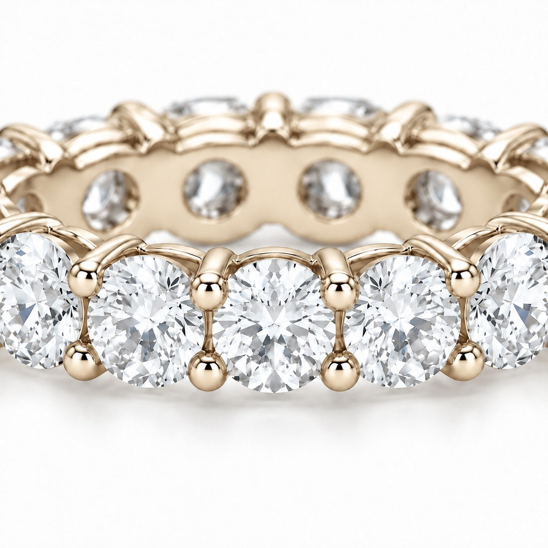 Classic round lab-grown diamond eternity band, 4.5mm, 14K yellow gold, close-up of the stones