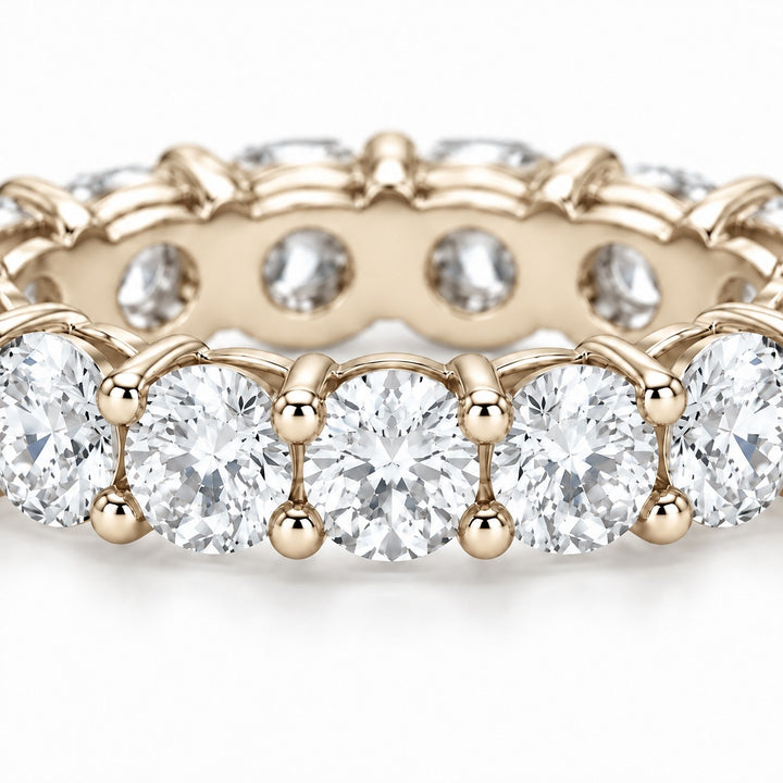 Classic round lab-grown diamond eternity band, 4.5mm, 14K yellow gold, close-up of the stones