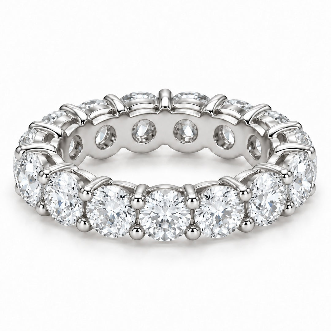Classic round lab-grown diamond eternity band, 4.5mm, 14K white gold, angled view
