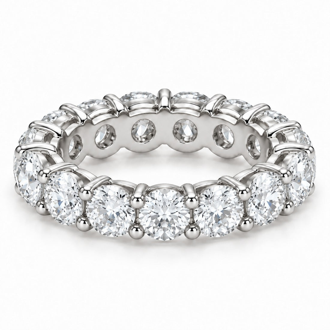 Classic round lab-grown diamond eternity band, 4.5mm, 14K white gold, angled view