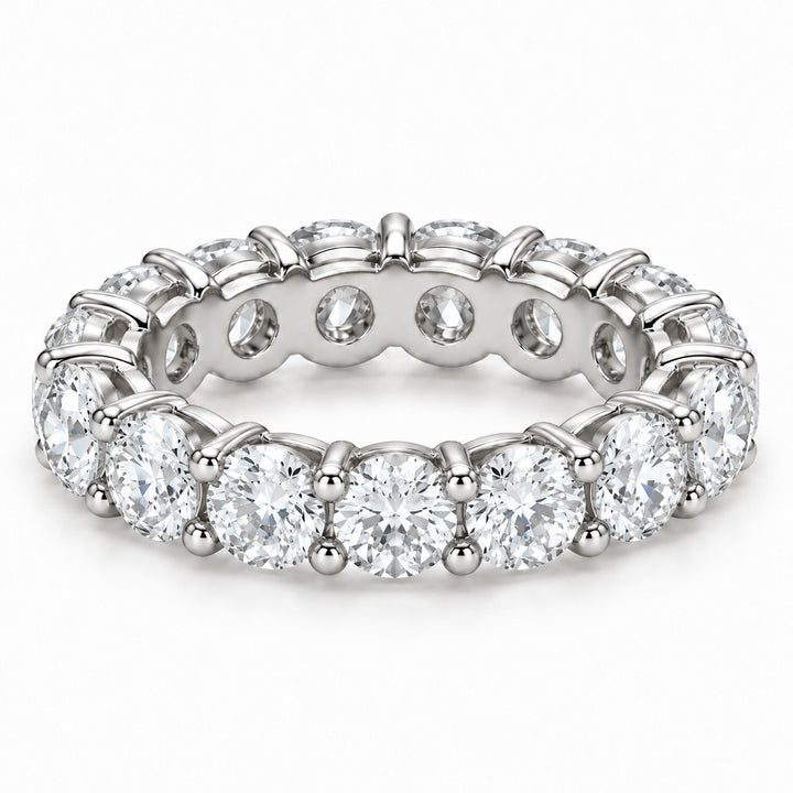 Classic round lab-grown diamond eternity band, 4.5mm, 14K white gold, angled view