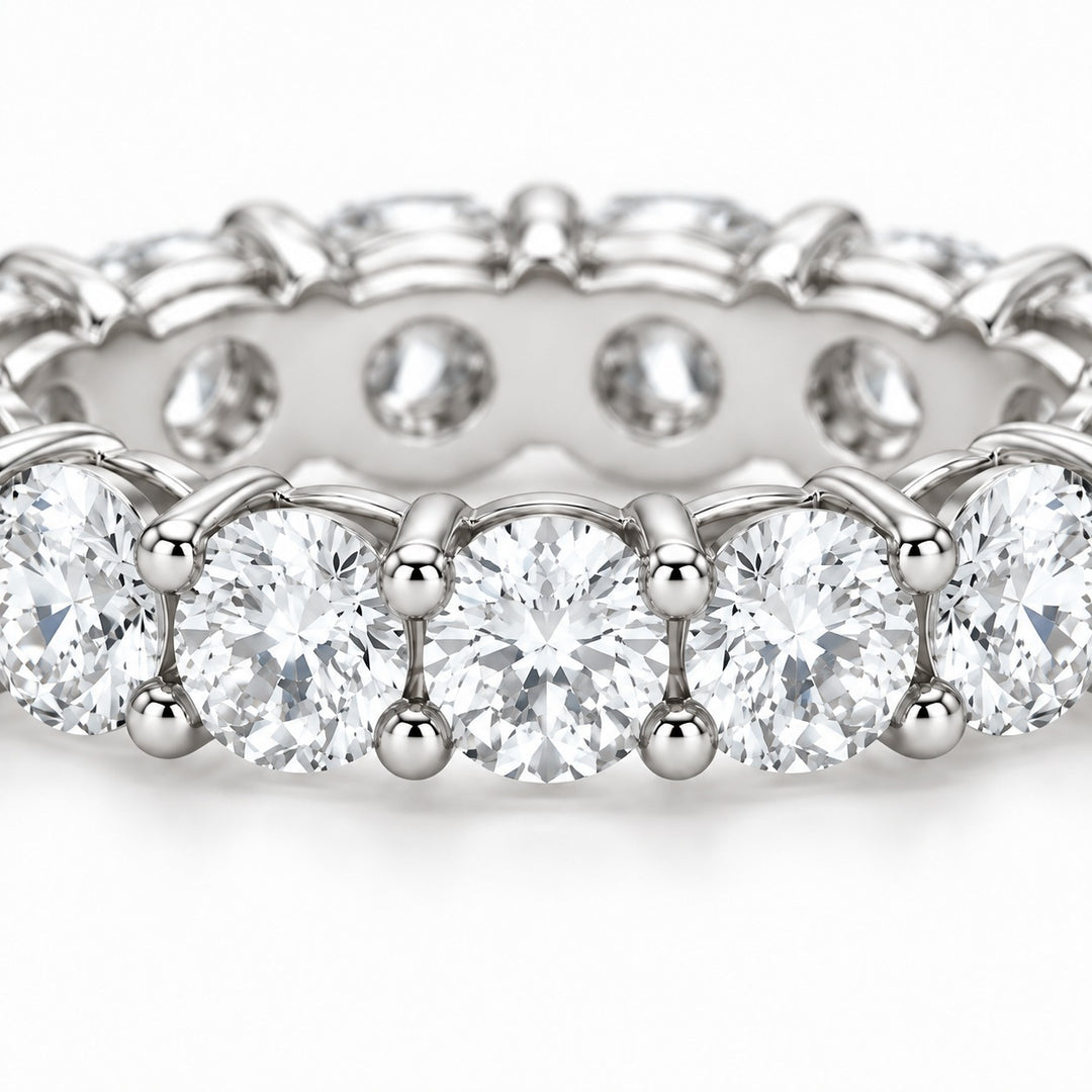 Classic round lab-grown diamond eternity band, 4.5mm, 14K white gold, close-up of the stones
