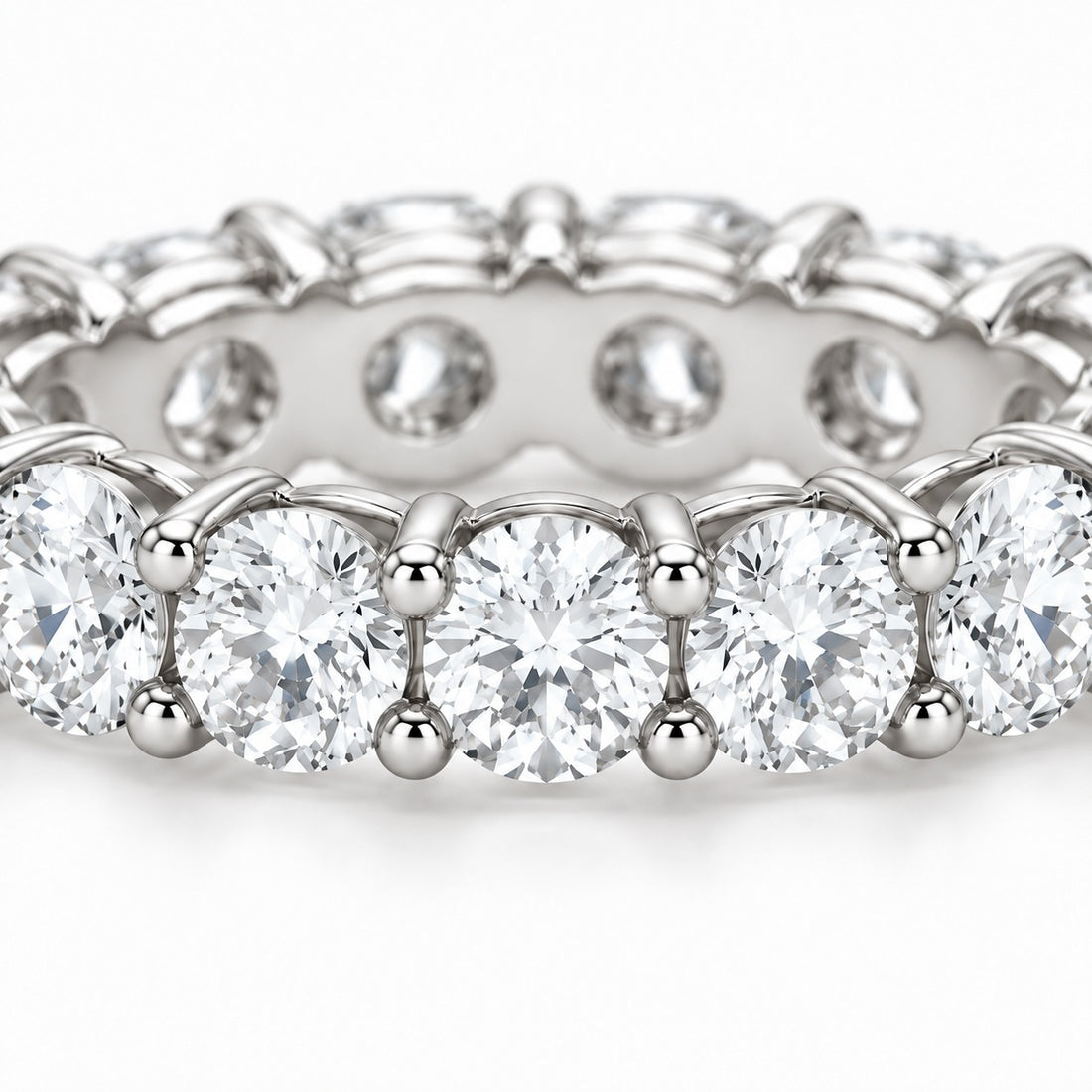 Classic round lab-grown diamond eternity band, 4.5mm, 14K white gold, close-up of the stones