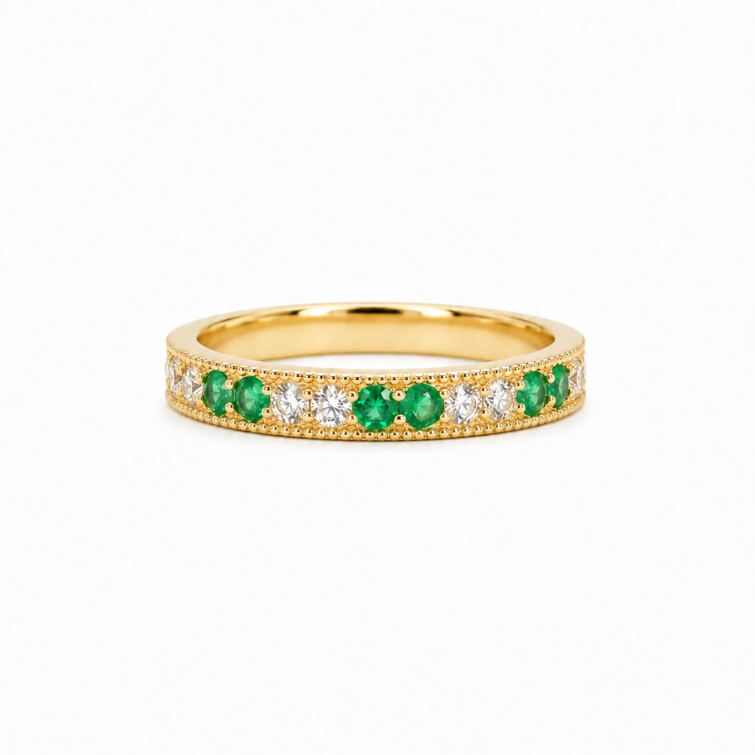 Lab emerald and diamond vintage eternity band, 2.5mm, view 4