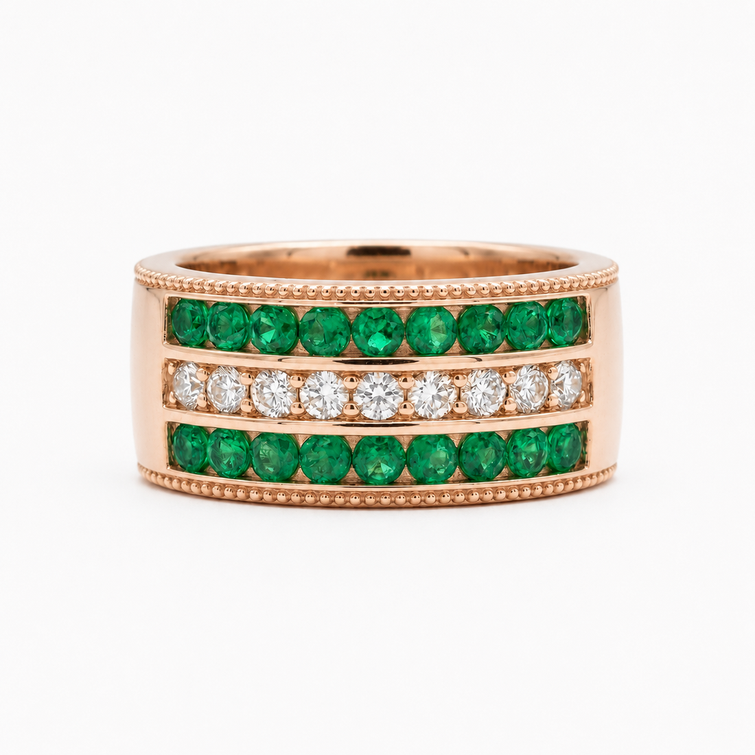 Lab emerald and diamond vintage eternity band, 6.5mm, view 8