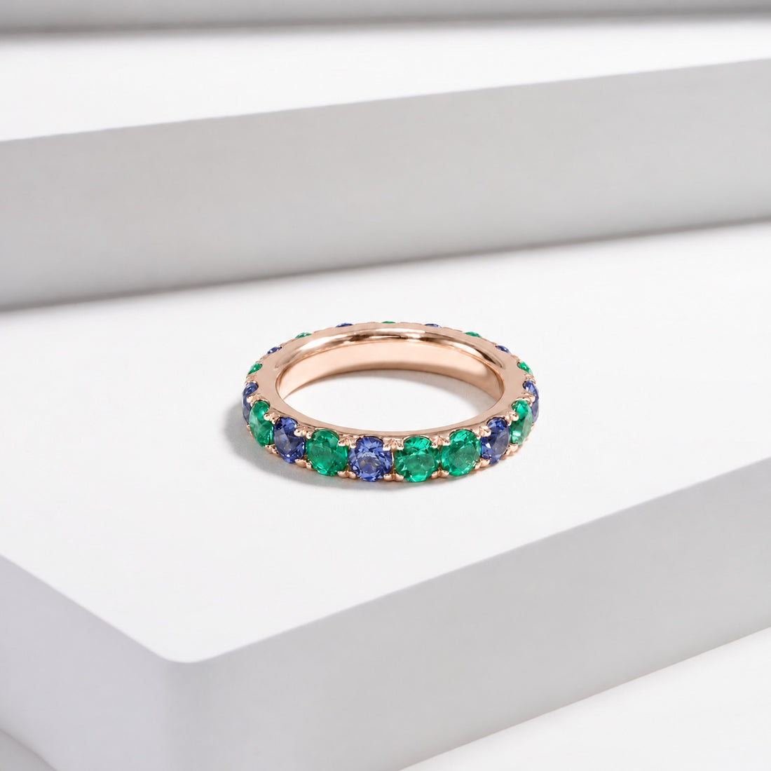 Colombian Emerald & Blue Sapphire Alternating Eternity Band in 14K rose gold, lifestyle