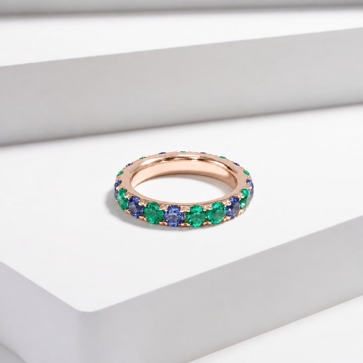 Colombian Emerald & Blue Sapphire Alternating Eternity Band in 14K rose gold, lifestyle