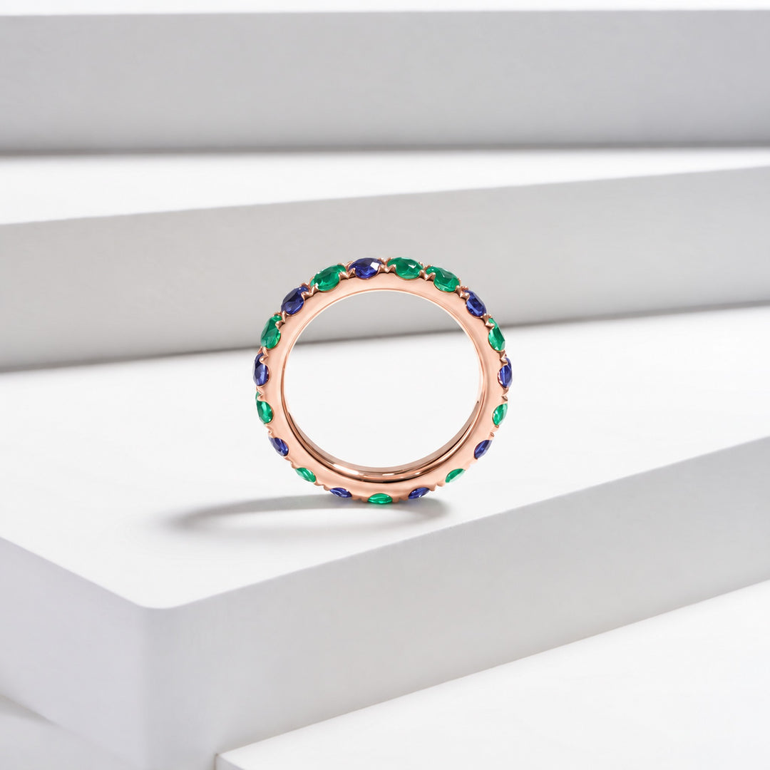 Colombian Emerald & Blue Sapphire Alternating Eternity Band in 14K rose gold, lifestyle