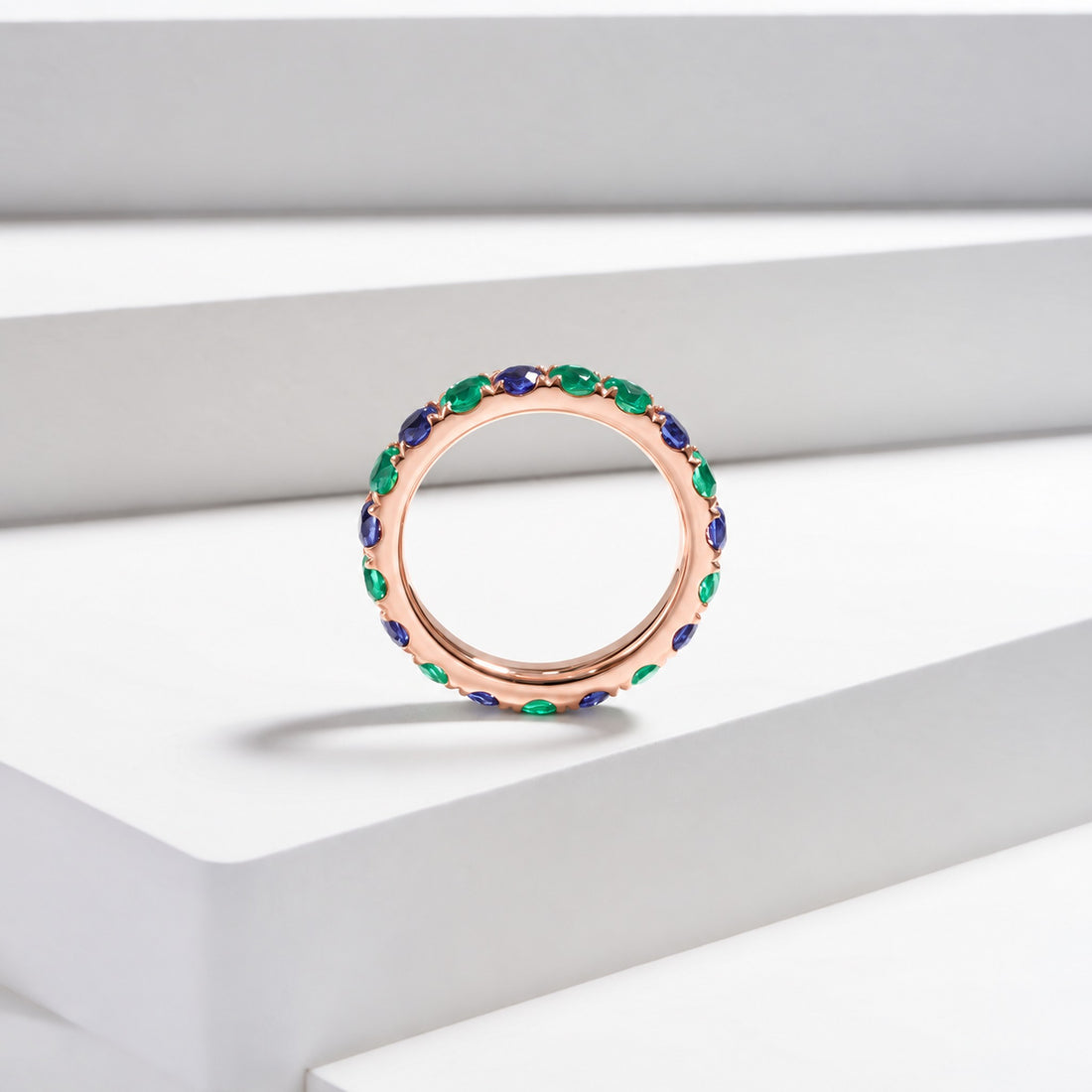 Colombian Emerald & Blue Sapphire Alternating Eternity Band in 14K rose gold, lifestyle