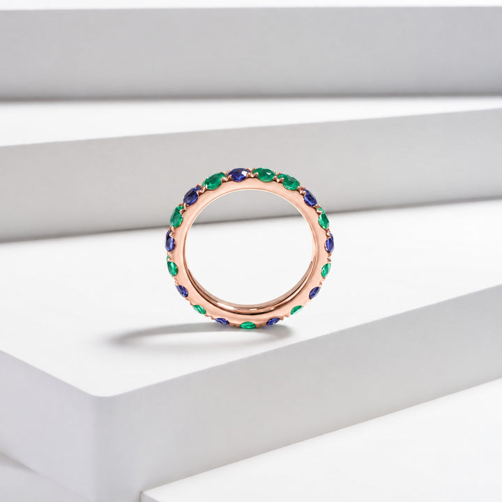 Colombian Emerald & Blue Sapphire Alternating Eternity Band in 14K rose gold, lifestyle