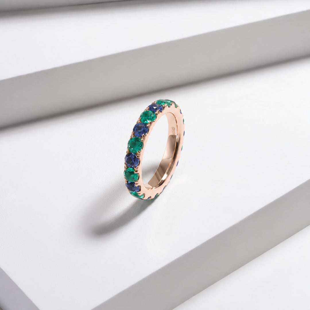 Colombian Emerald & Blue Sapphire Alternating Eternity Band in 14K rose gold, lifestyle