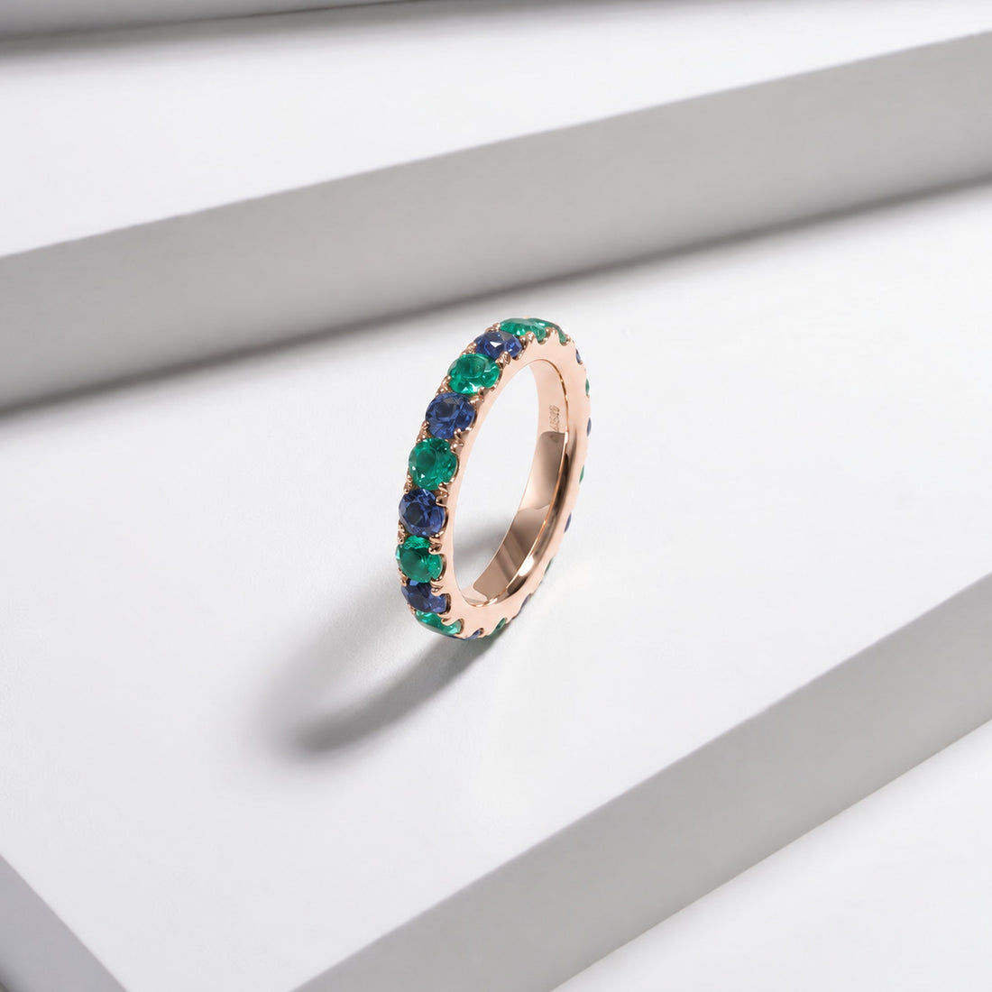 Colombian Emerald & Blue Sapphire Alternating Eternity Band in 14K rose gold, lifestyle